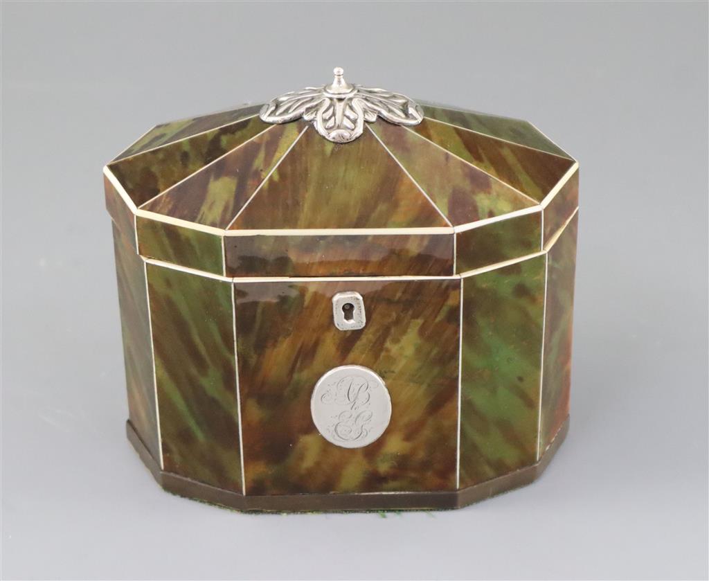 A George III silver mounted green stained tortoiseshell and ivory tea caddy, width 6in. height 5.5in.